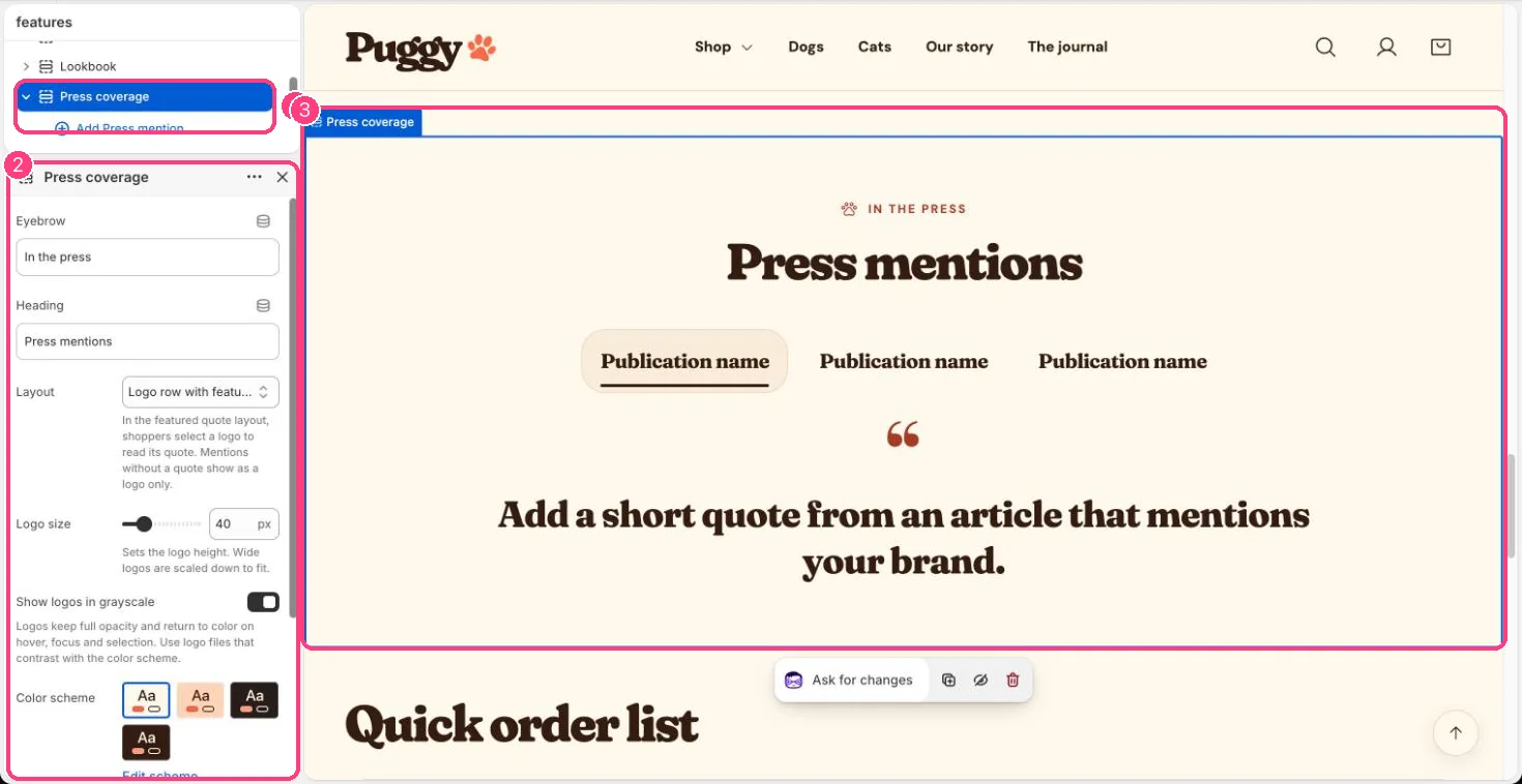 Press coverage in the theme editor