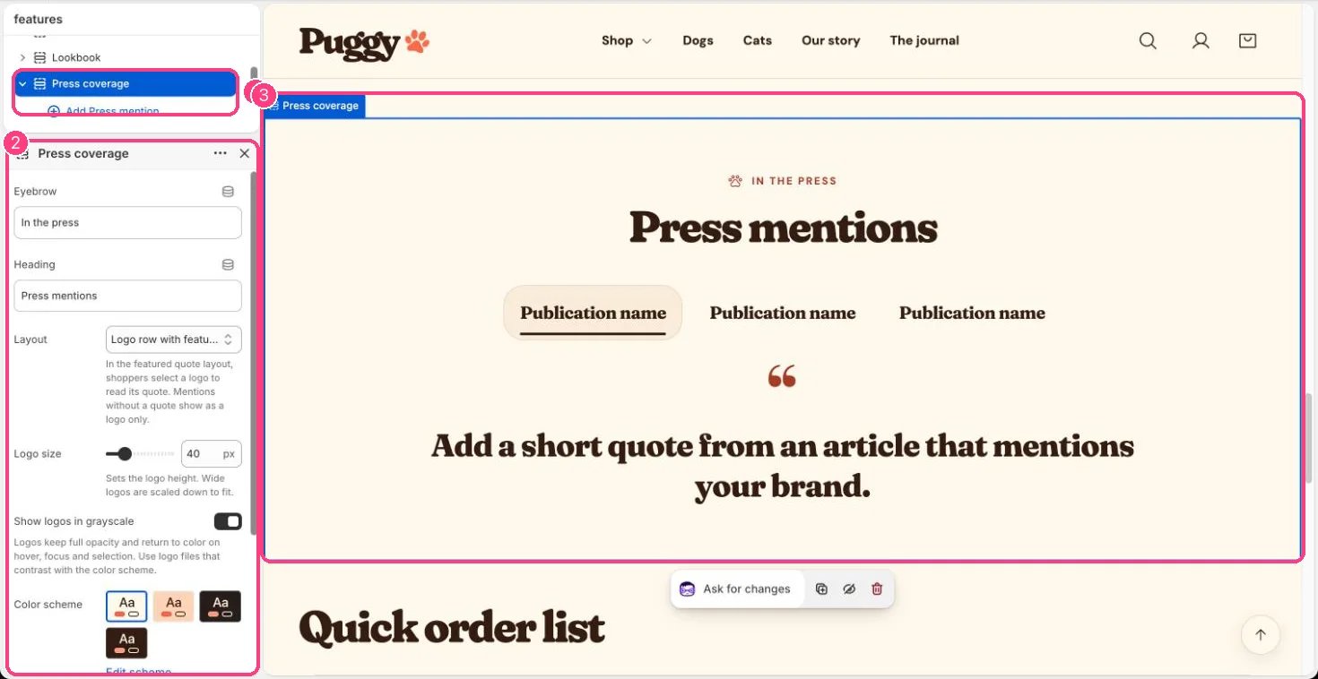 Press coverage in the theme editor