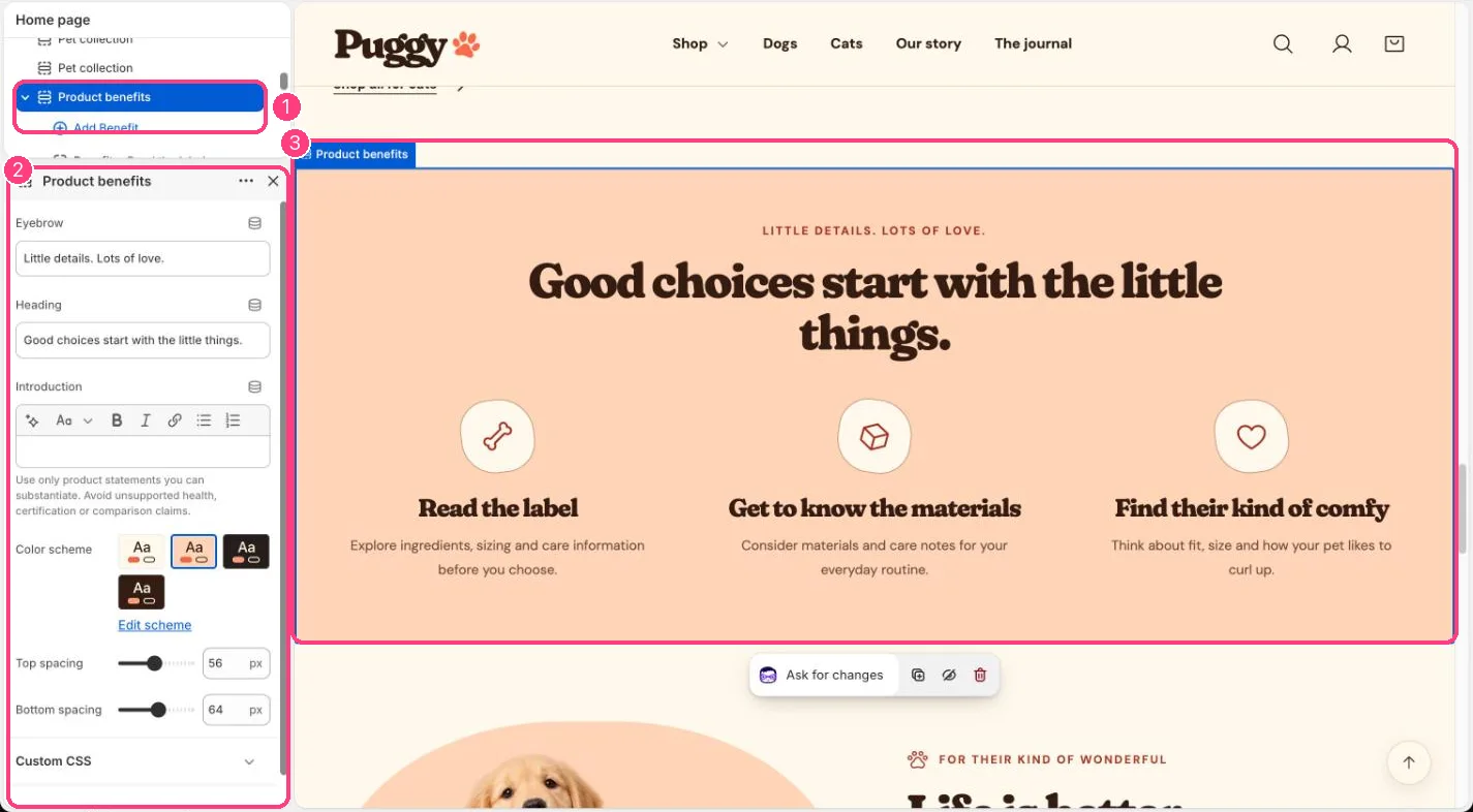 Product benefits in the theme editor