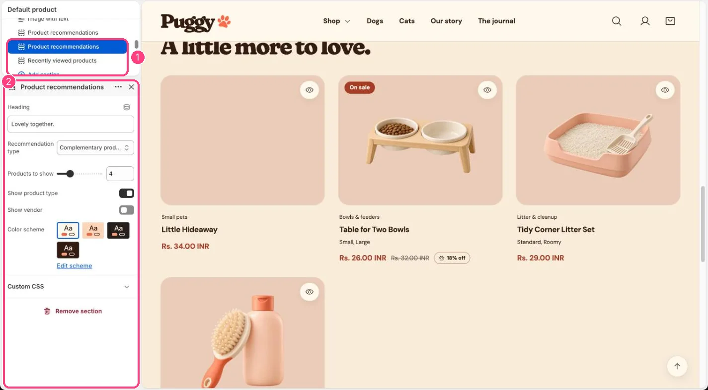 Product recommendations in the theme editor