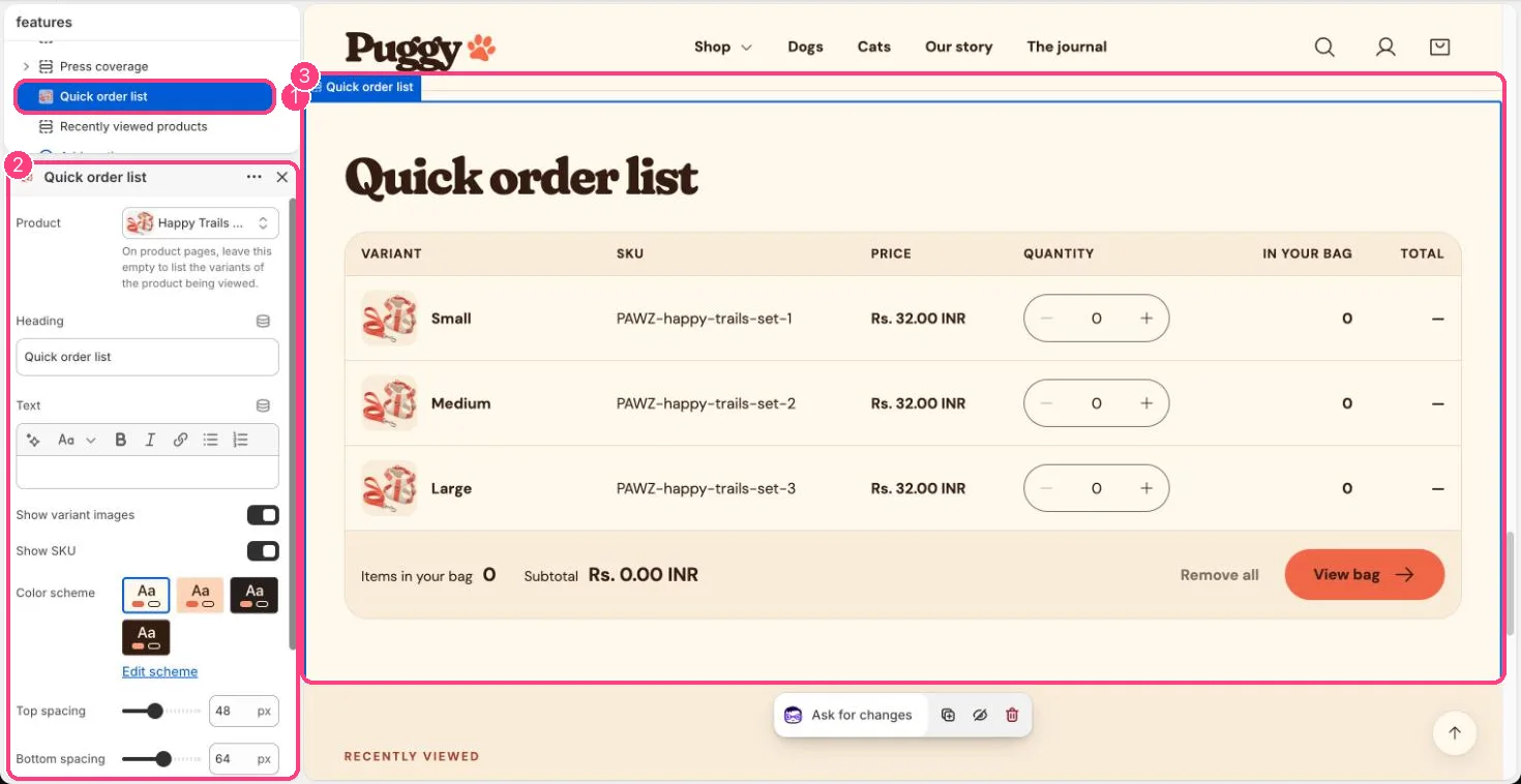 Quick order list in the theme editor