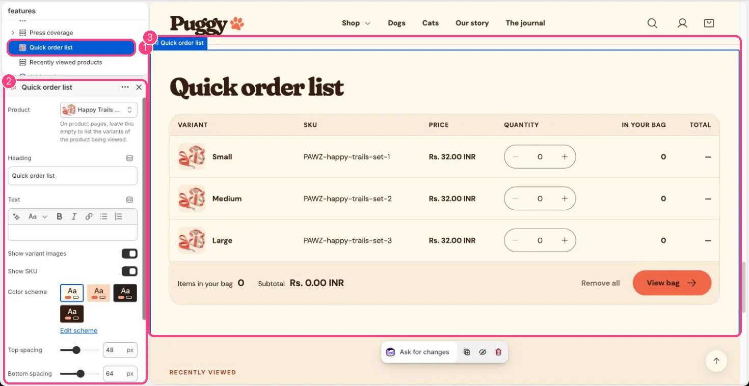Quick order list in the theme editor