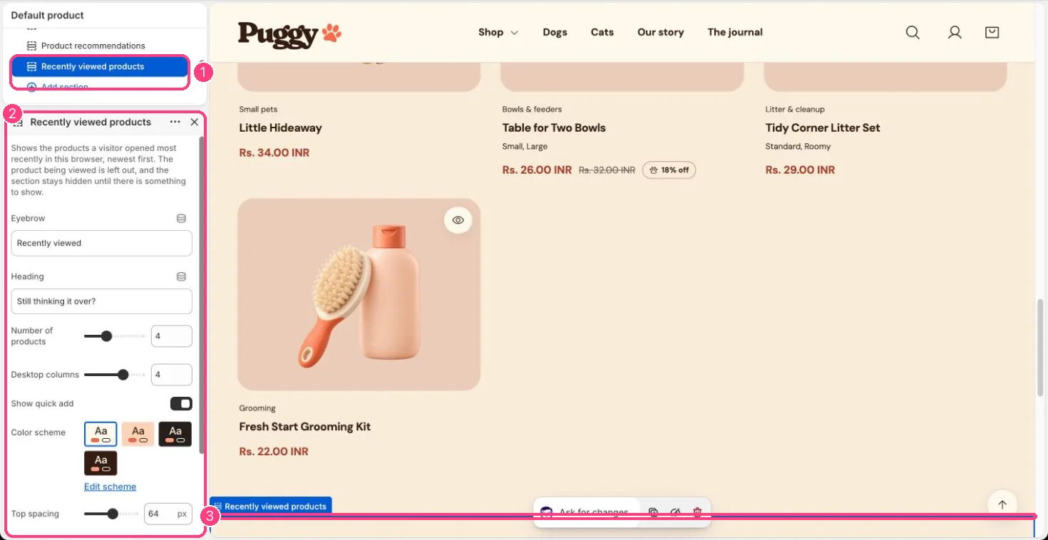 Recently viewed products in the theme editor
