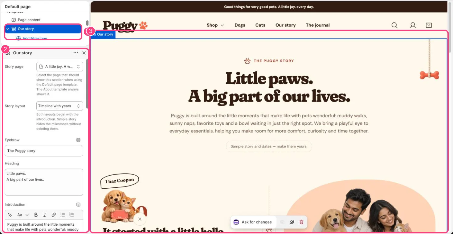 Our story in the theme editor