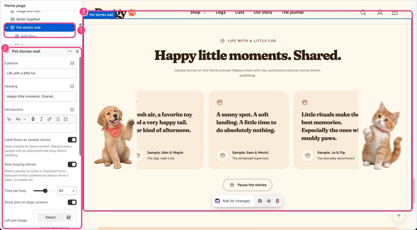 Pet stories wall in the theme editor