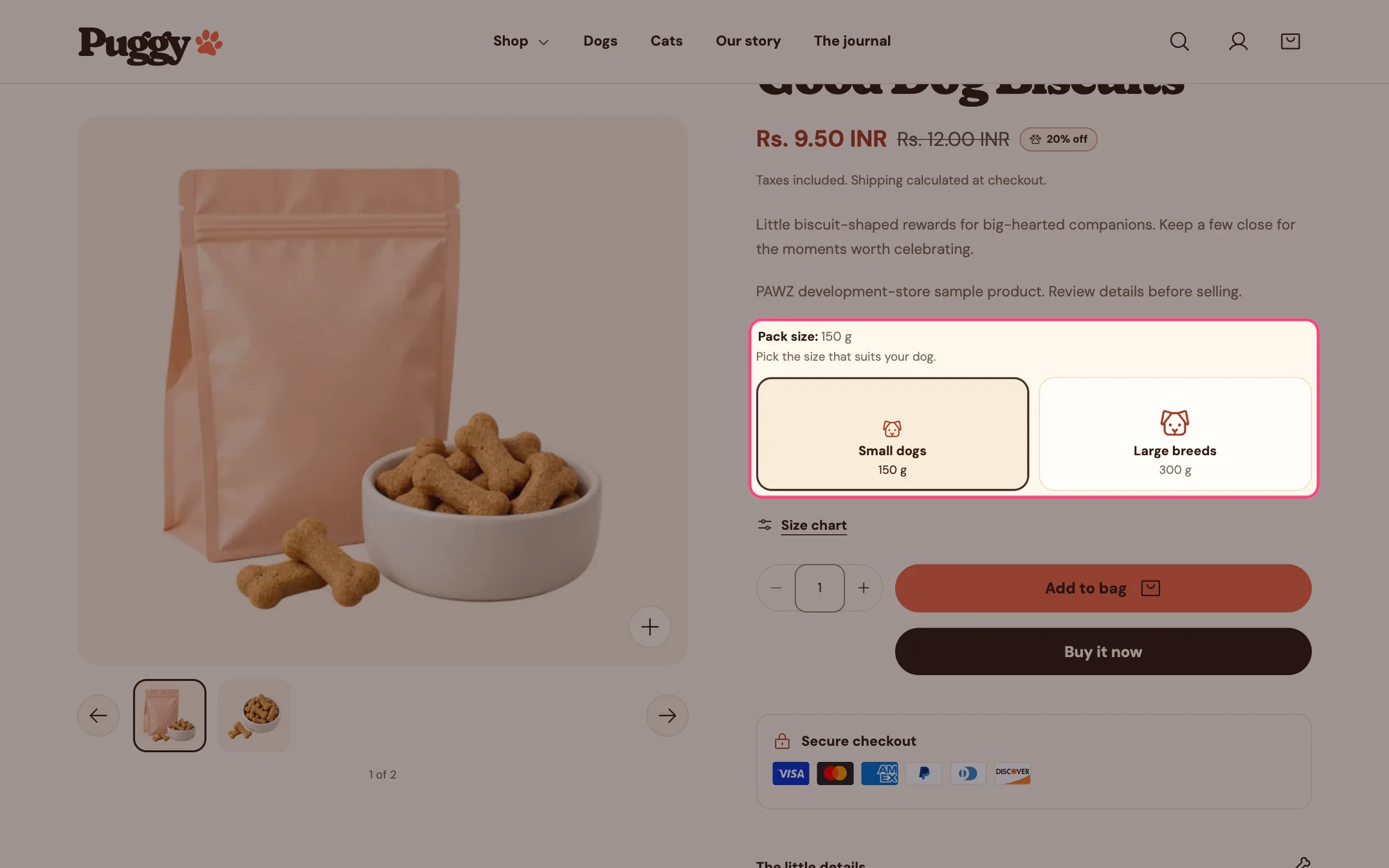 Pet size cards on a product page