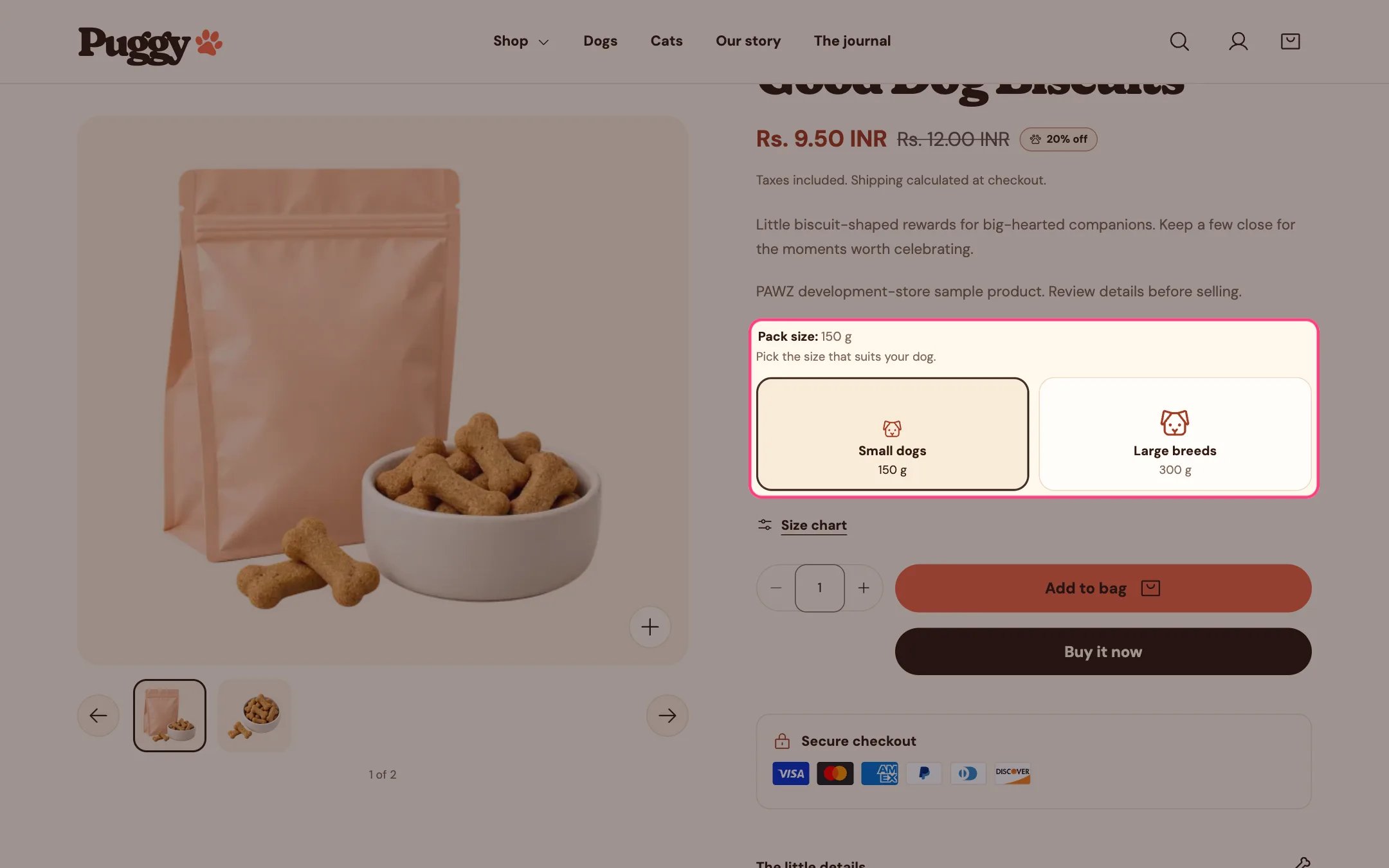 Pet size cards on a product page