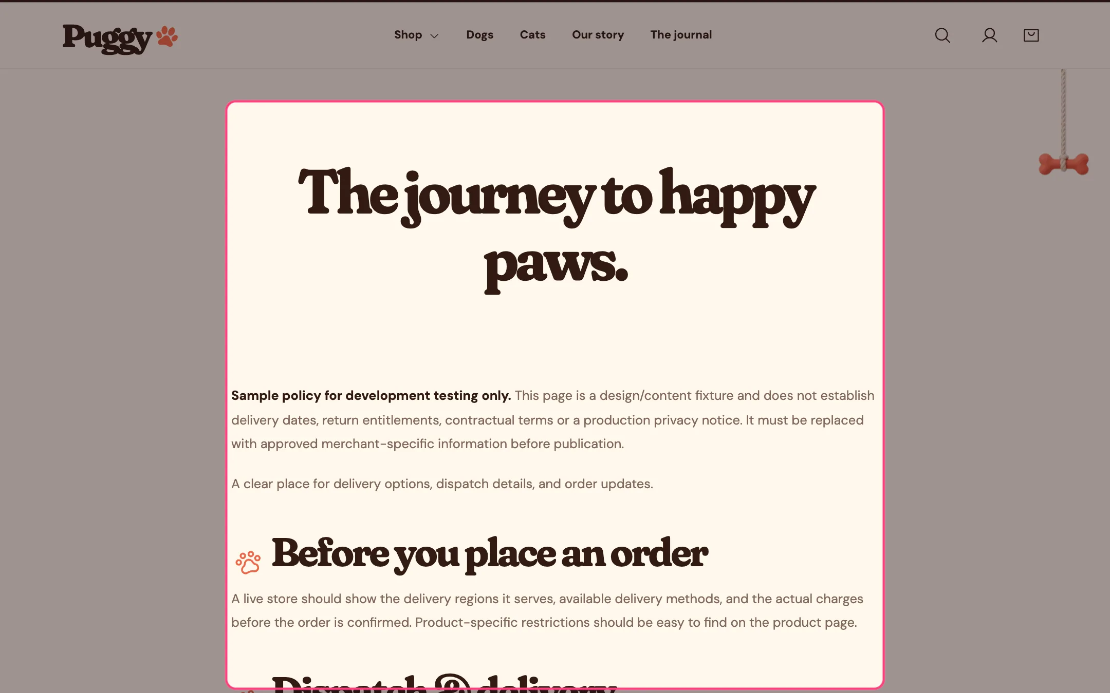 Page content on the storefront