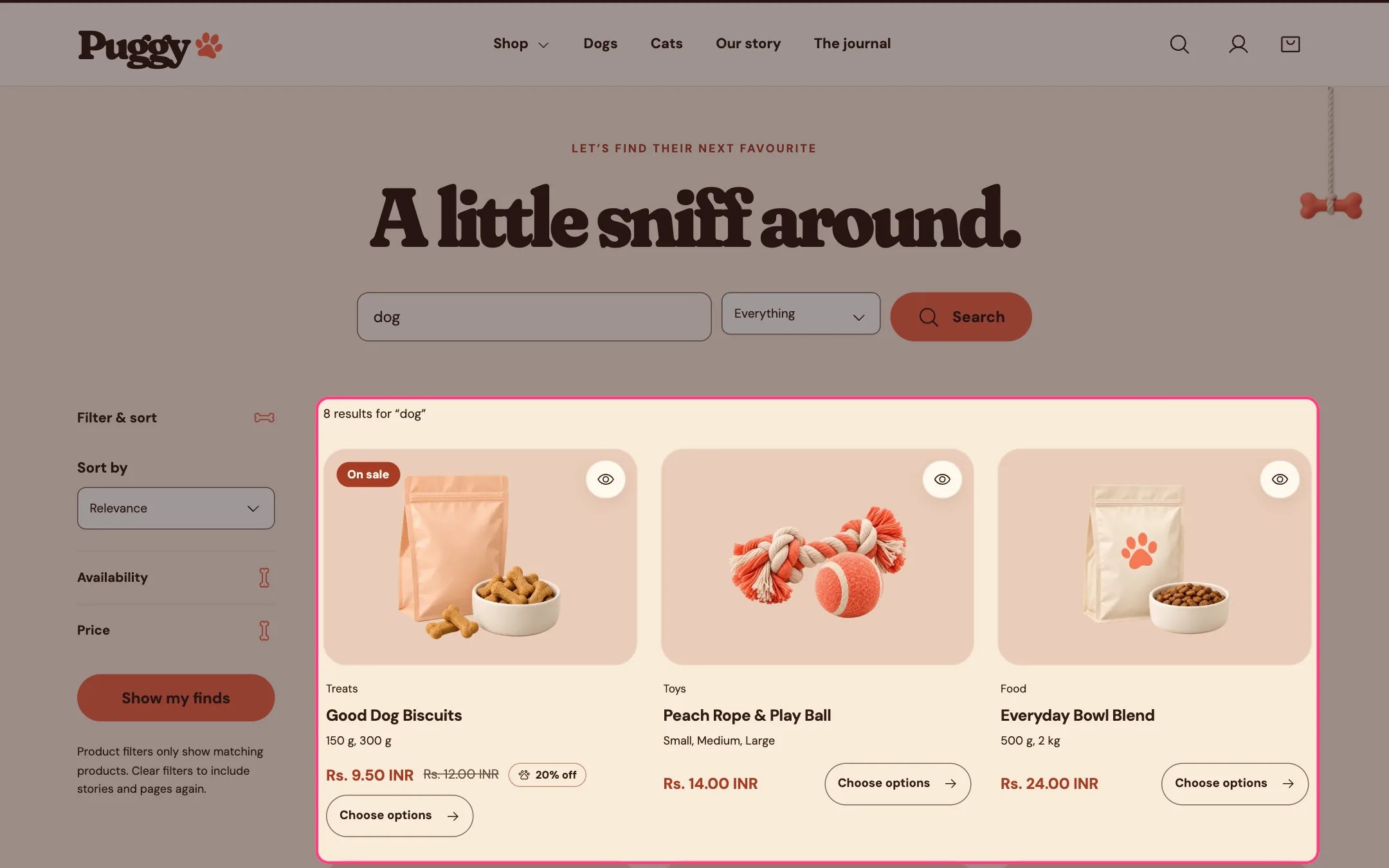 Search results on the storefront