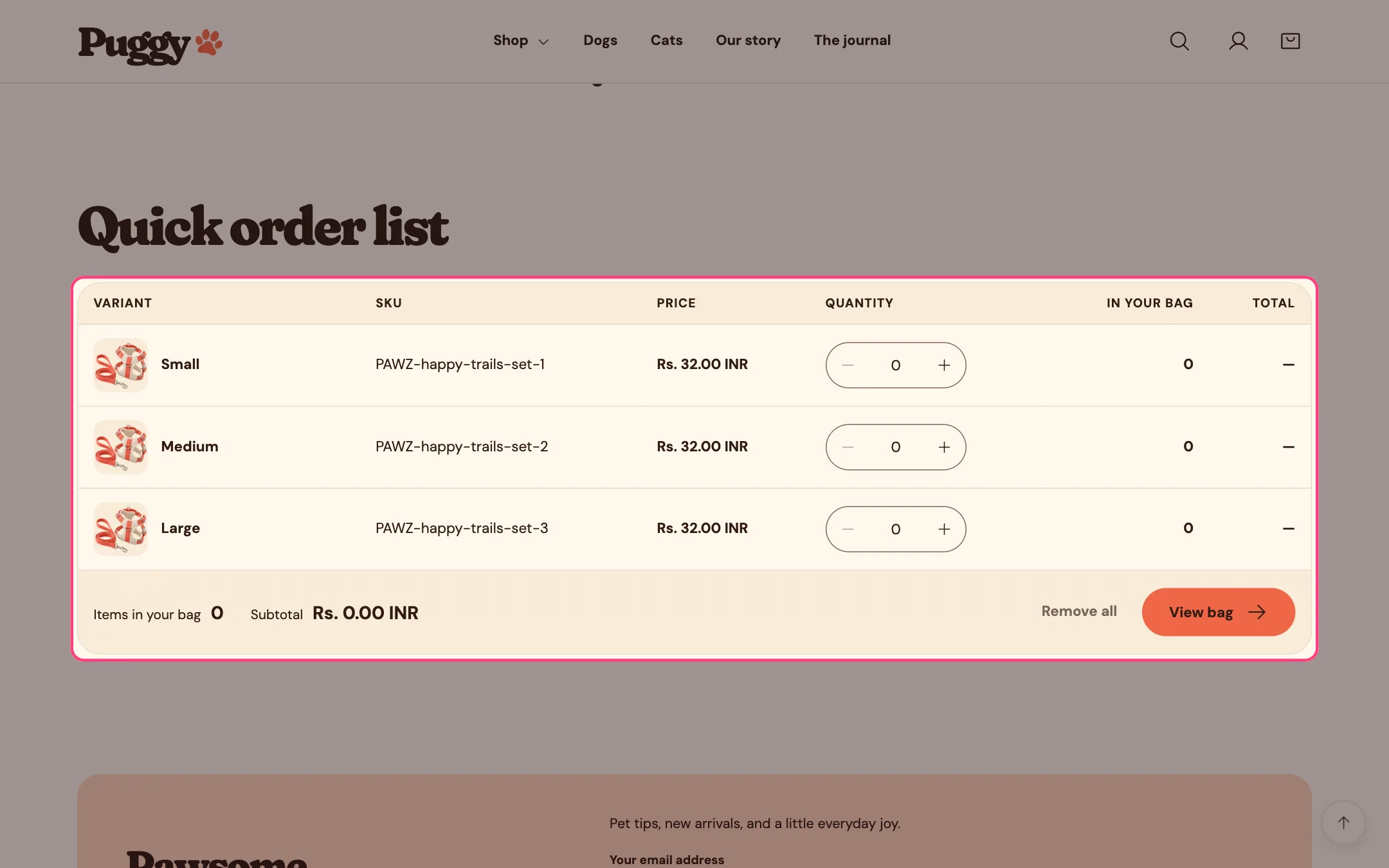 Quick order list on the storefront