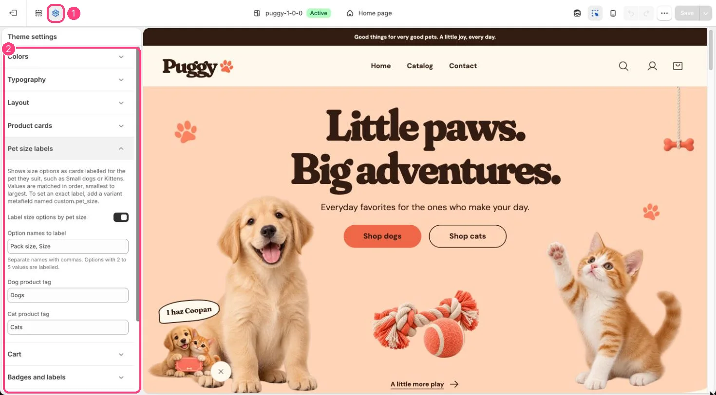 Theme settings, Pet size labels, in the theme editor