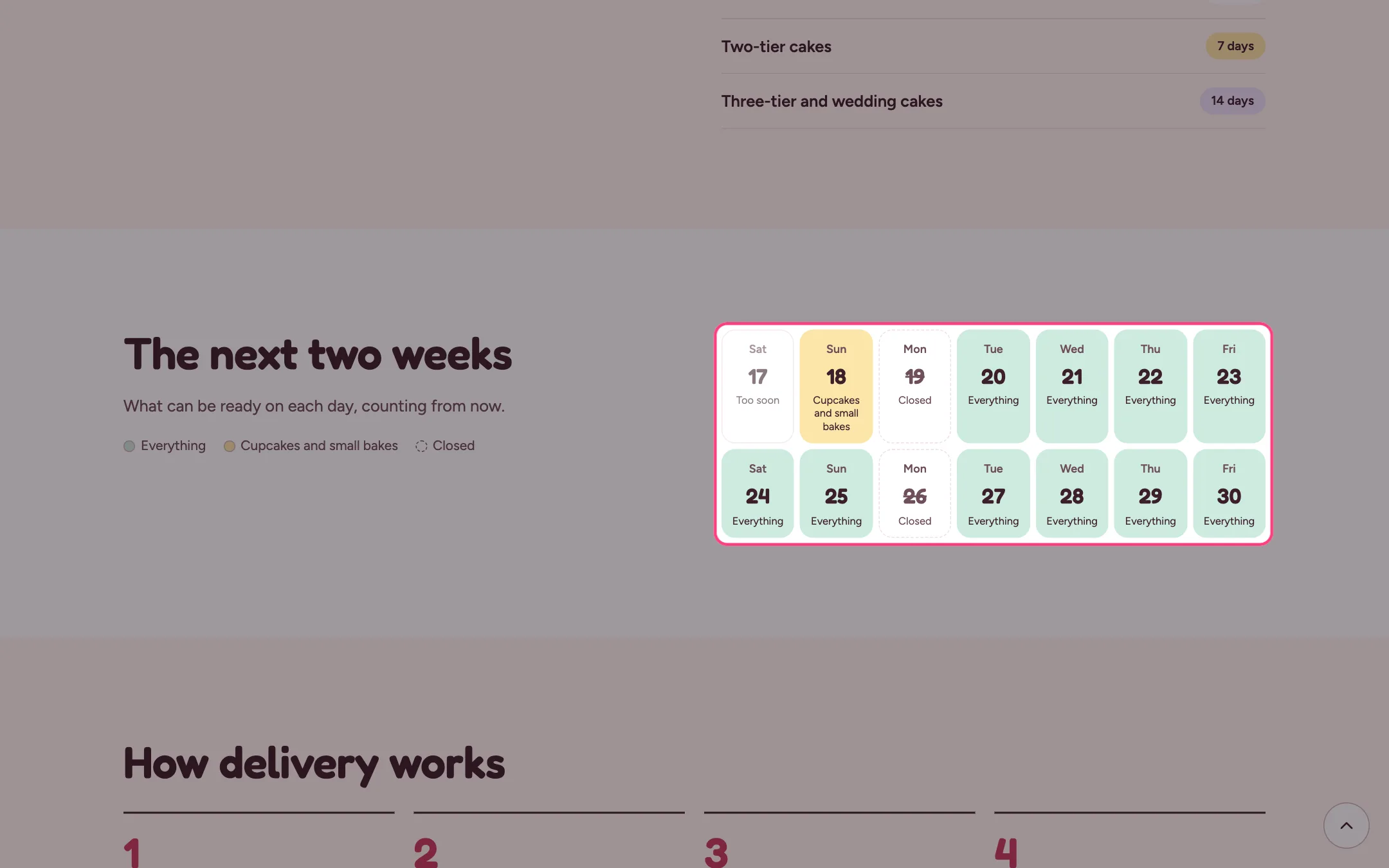 Bake calendar on the storefront