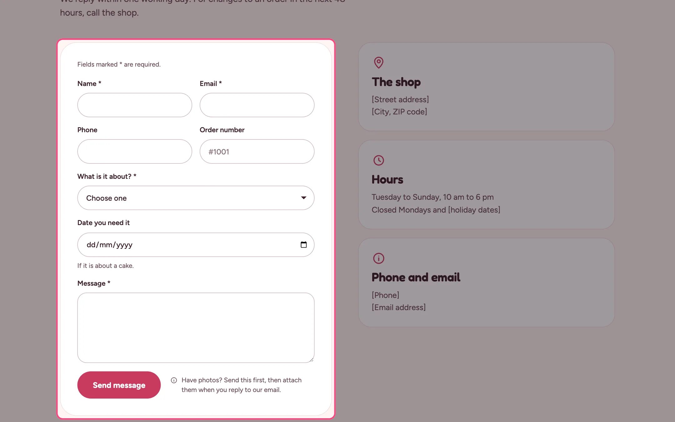 Contact form on the storefront