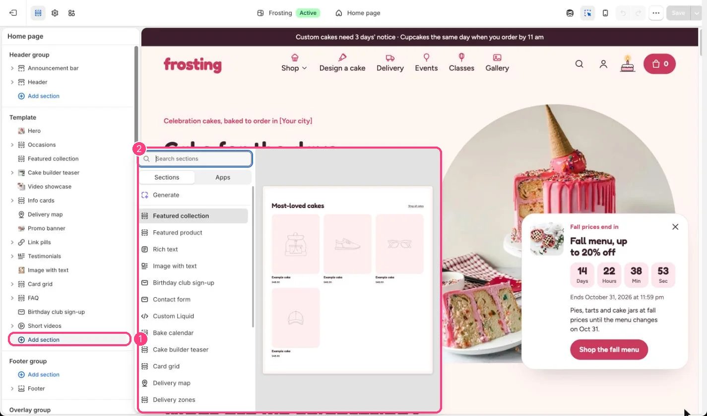 The Add section list in the theme editor