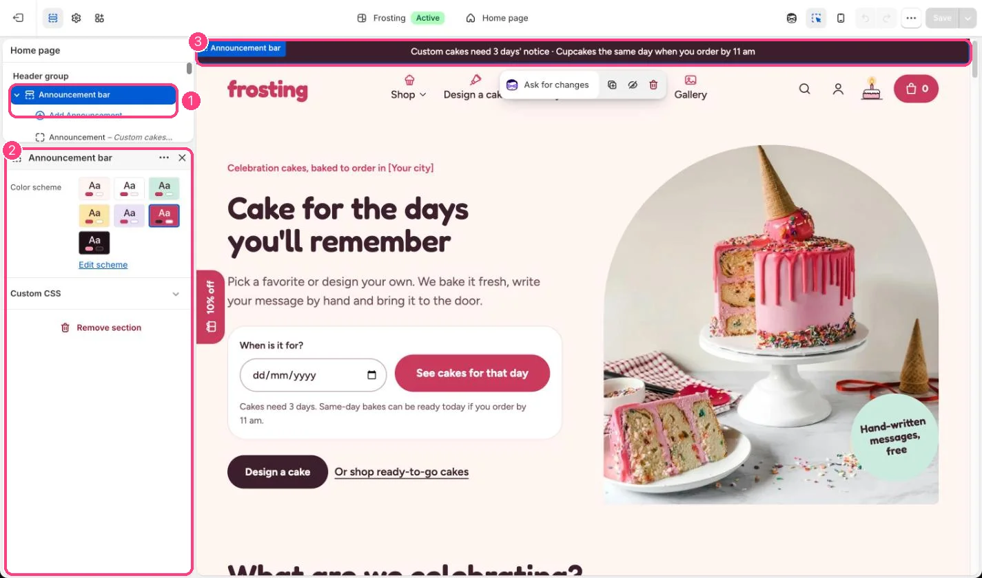 Announcement bar in the theme editor