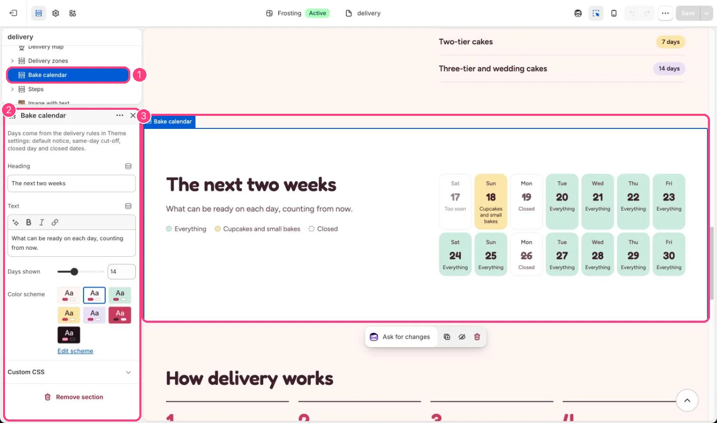 Bake calendar in the theme editor