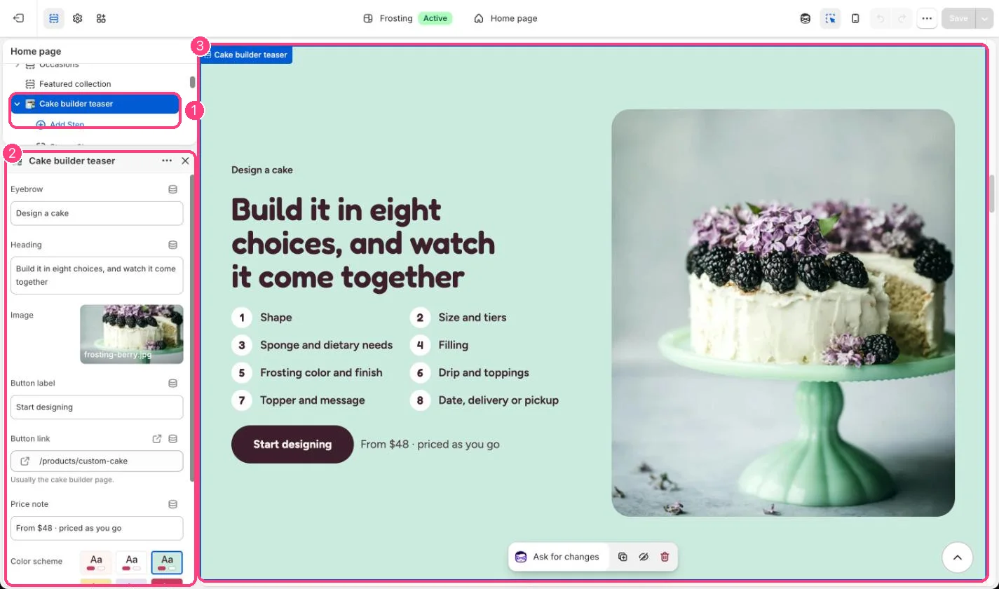 Cake builder teaser in the theme editor