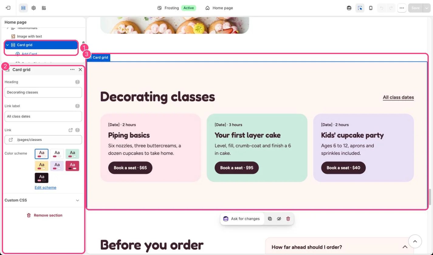 Card grid in the theme editor