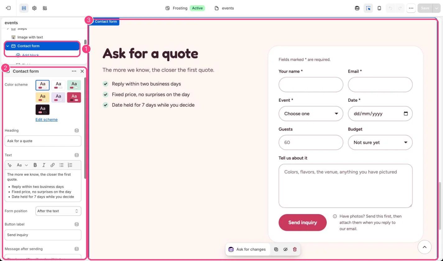 Contact form in the theme editor