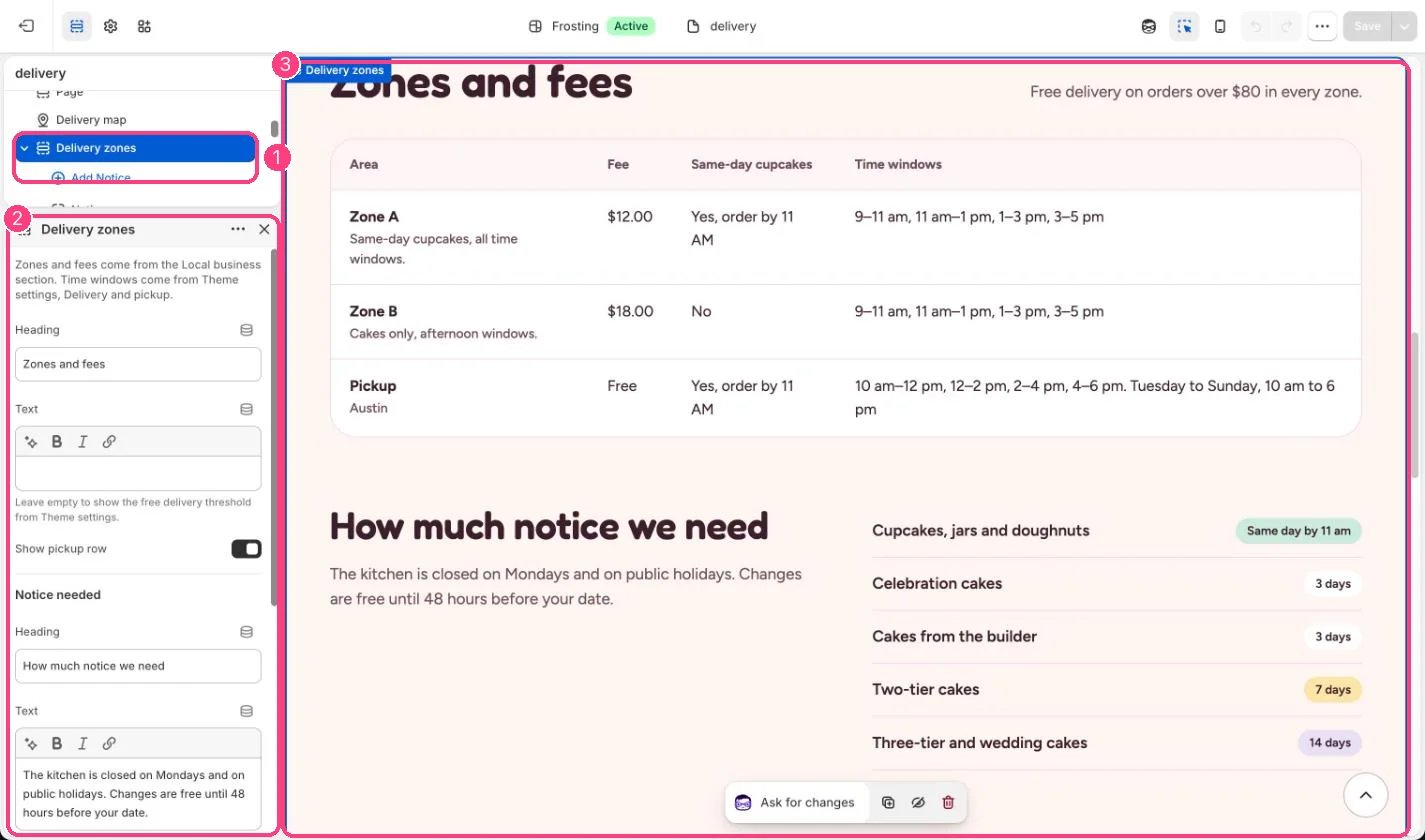 Delivery zones in the theme editor