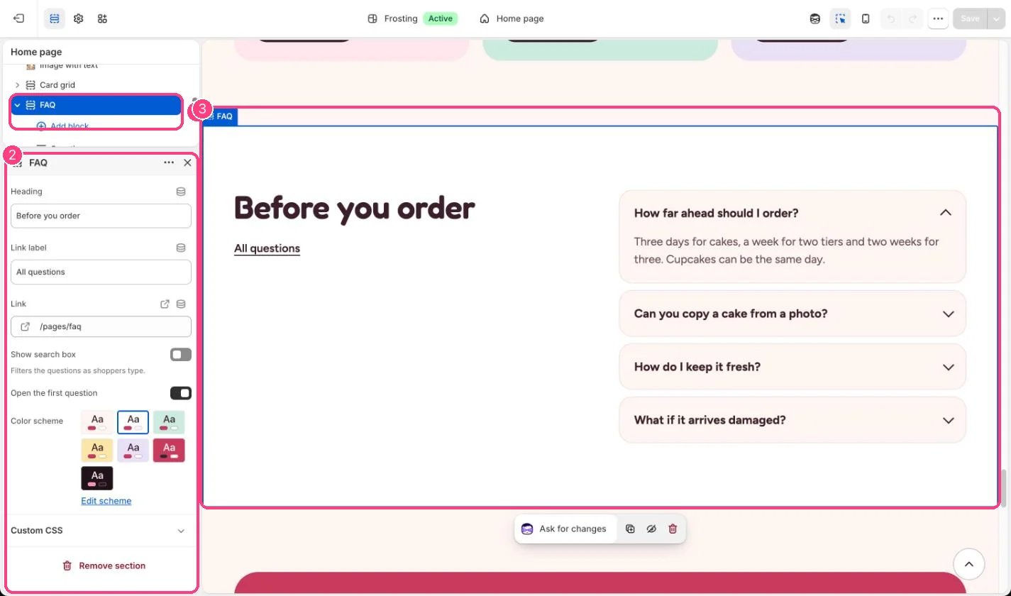 FAQ in the theme editor