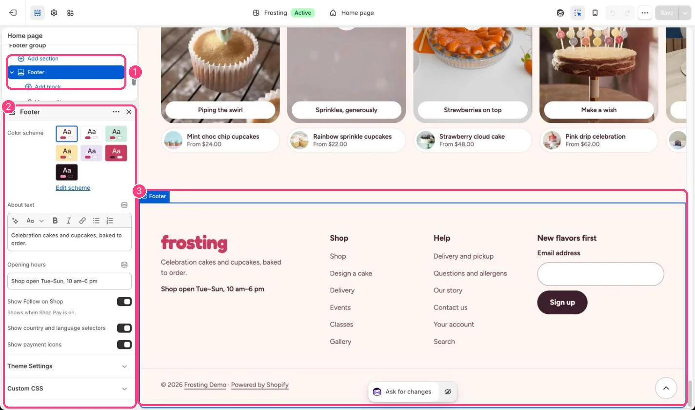 Footer in the theme editor