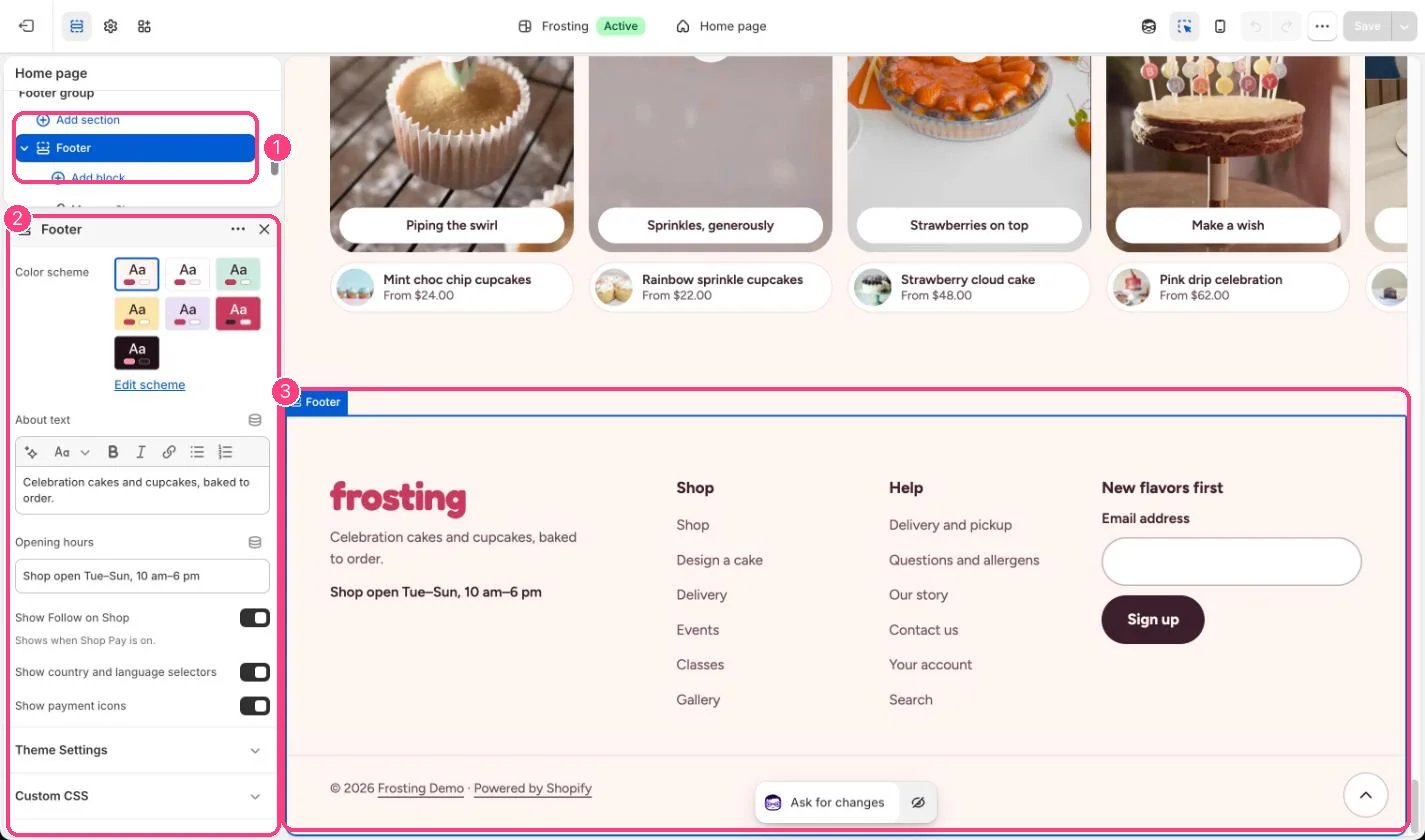 Footer in the theme editor