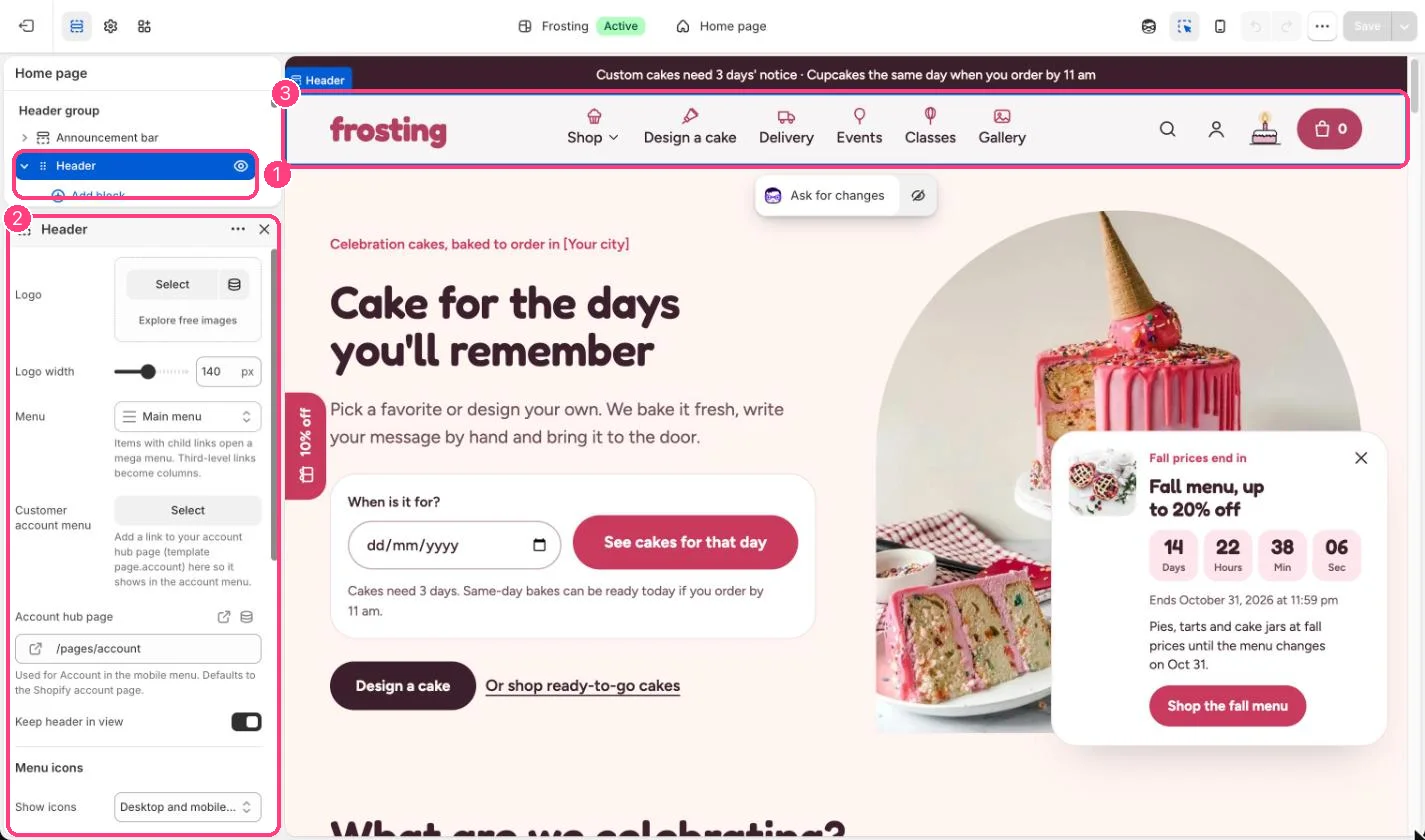 Header in the theme editor