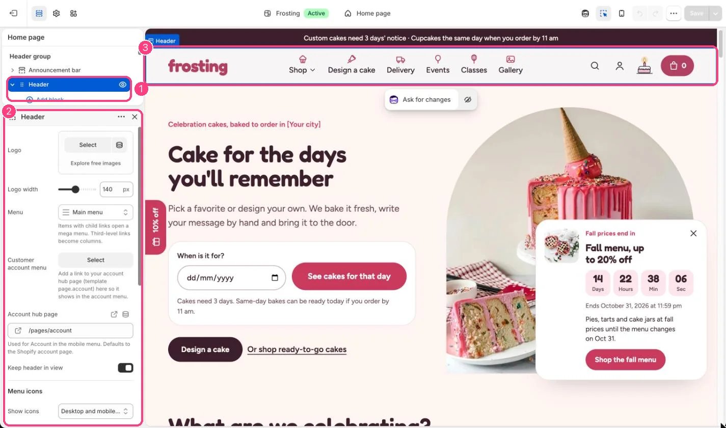 Header in the theme editor