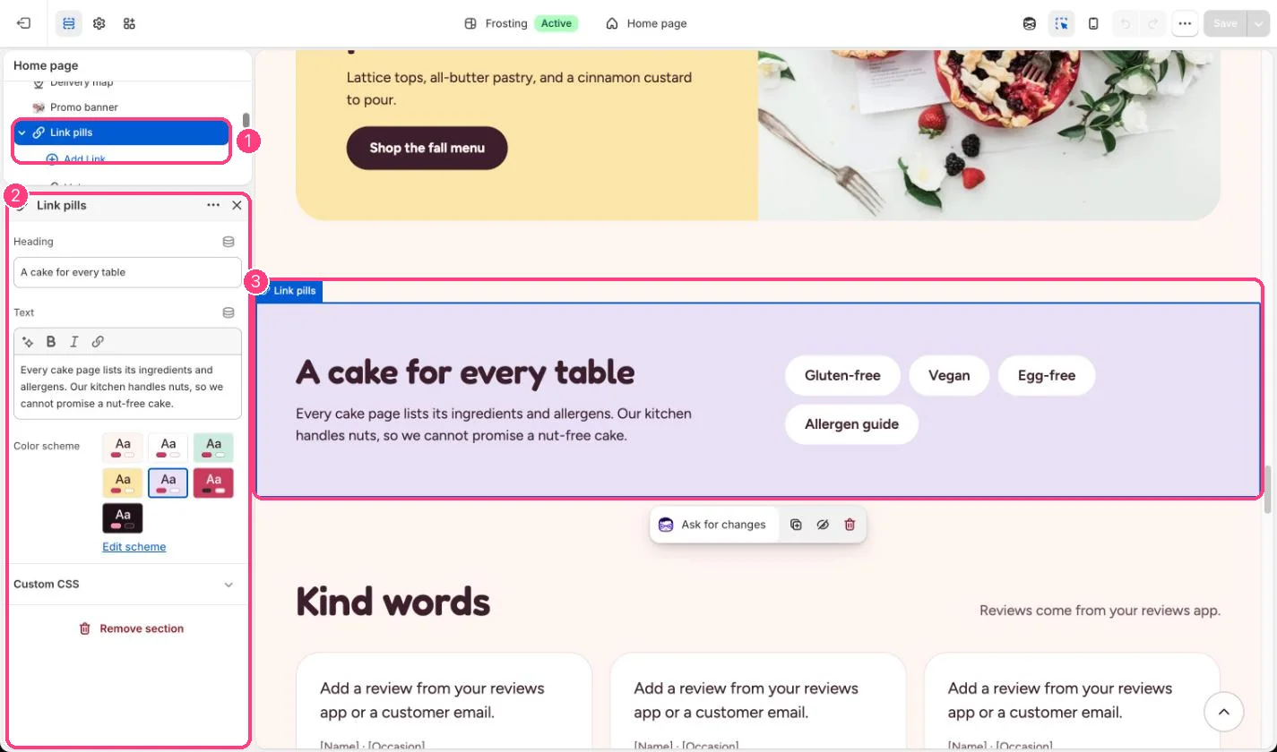 Link pills in the theme editor