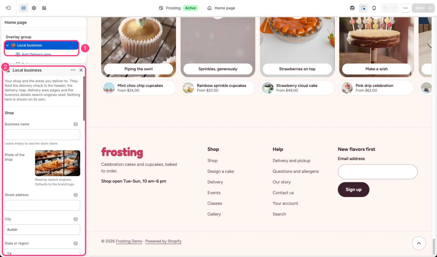 Local business in the theme editor