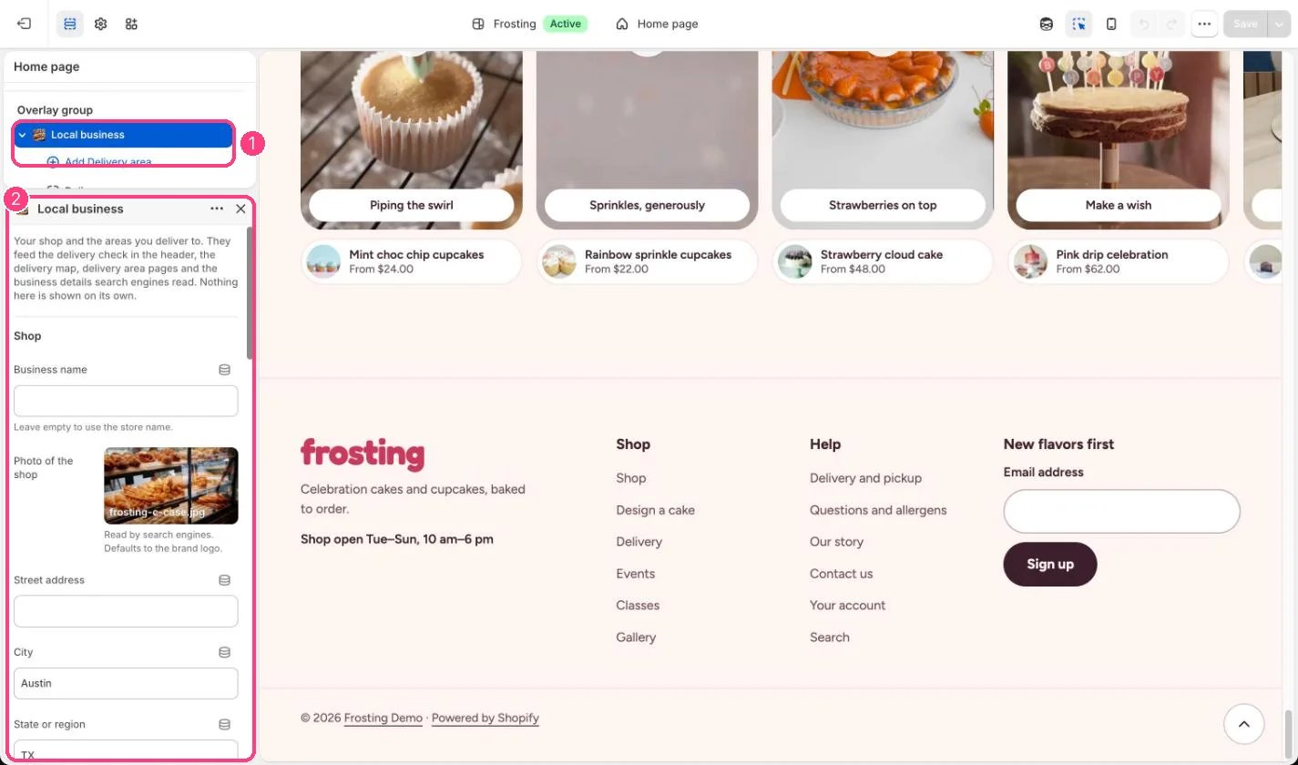 Local business in the theme editor