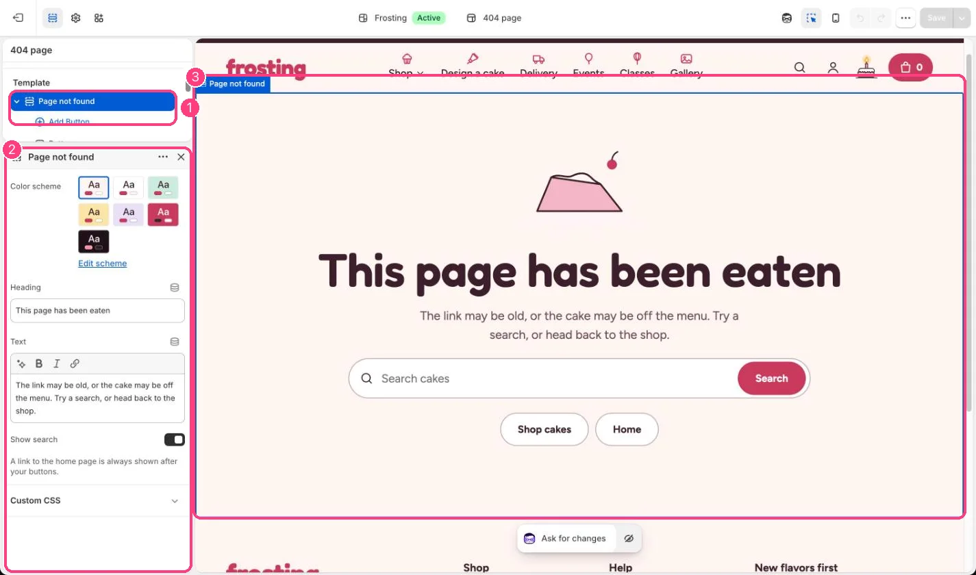 Page not found in the theme editor