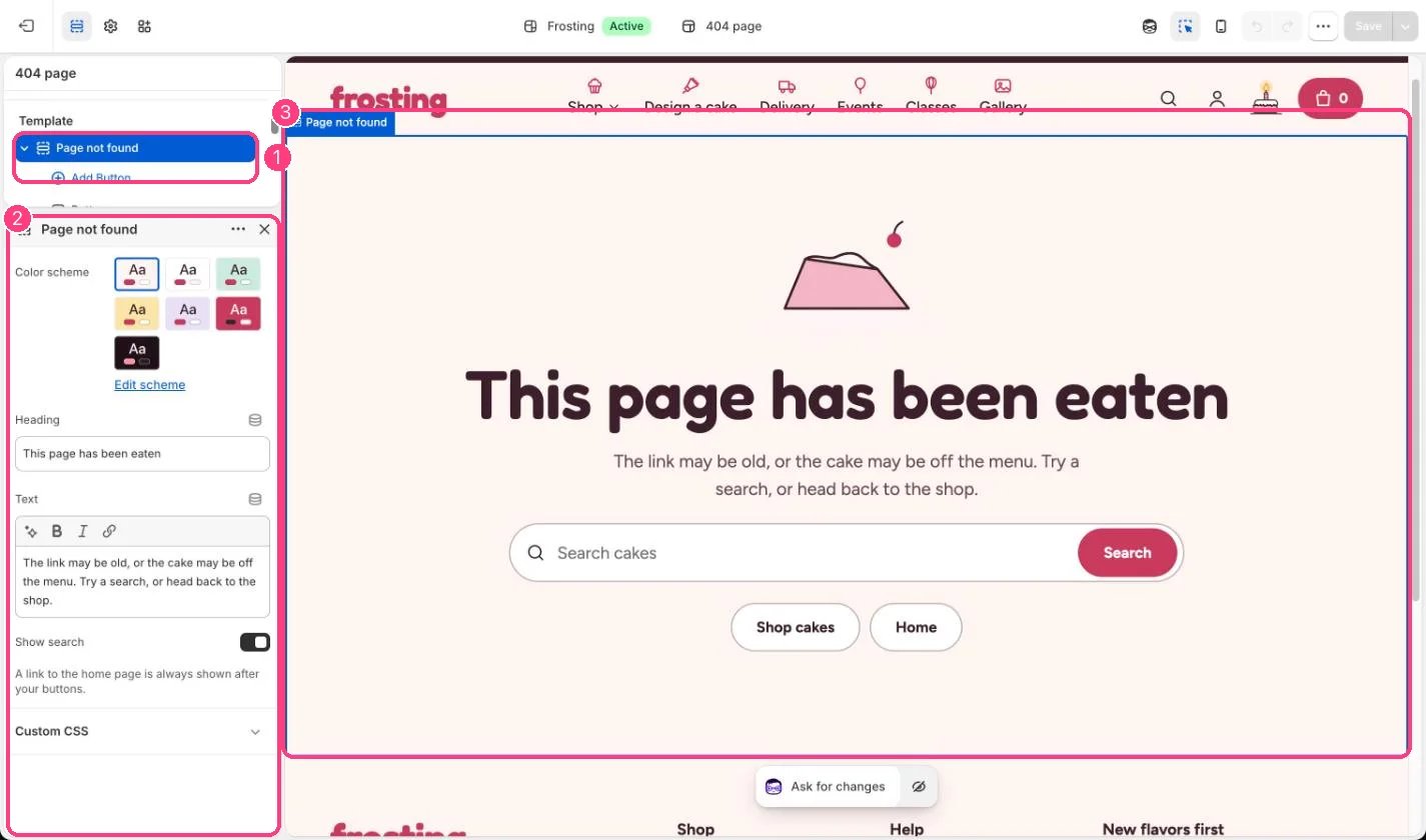 Page not found in the theme editor