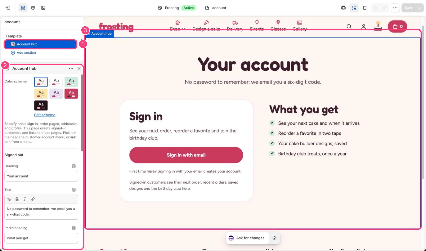 Account hub in the theme editor