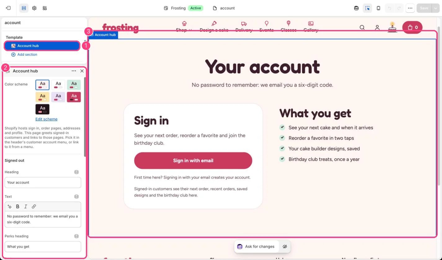 Account hub in the theme editor