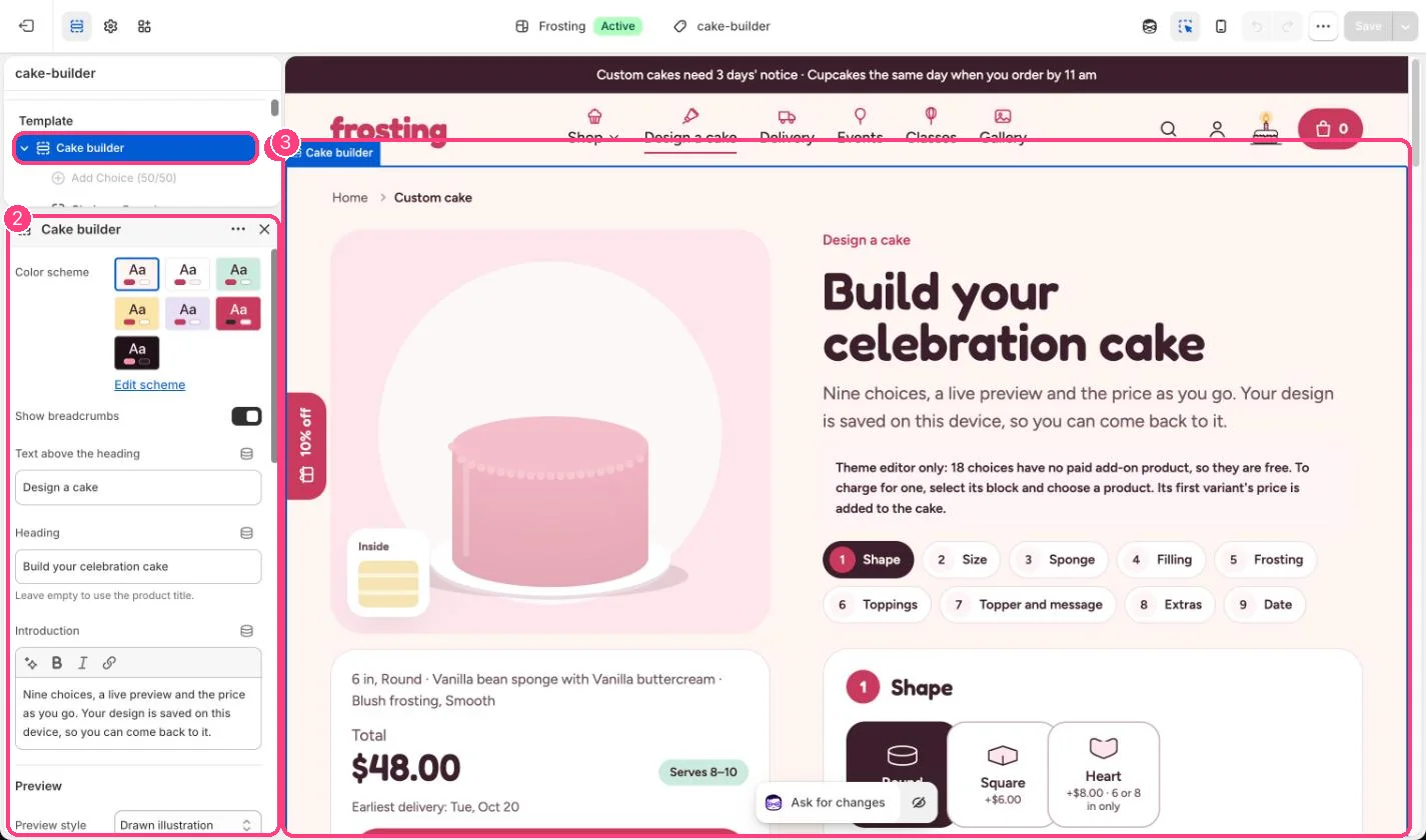Cake builder in the theme editor