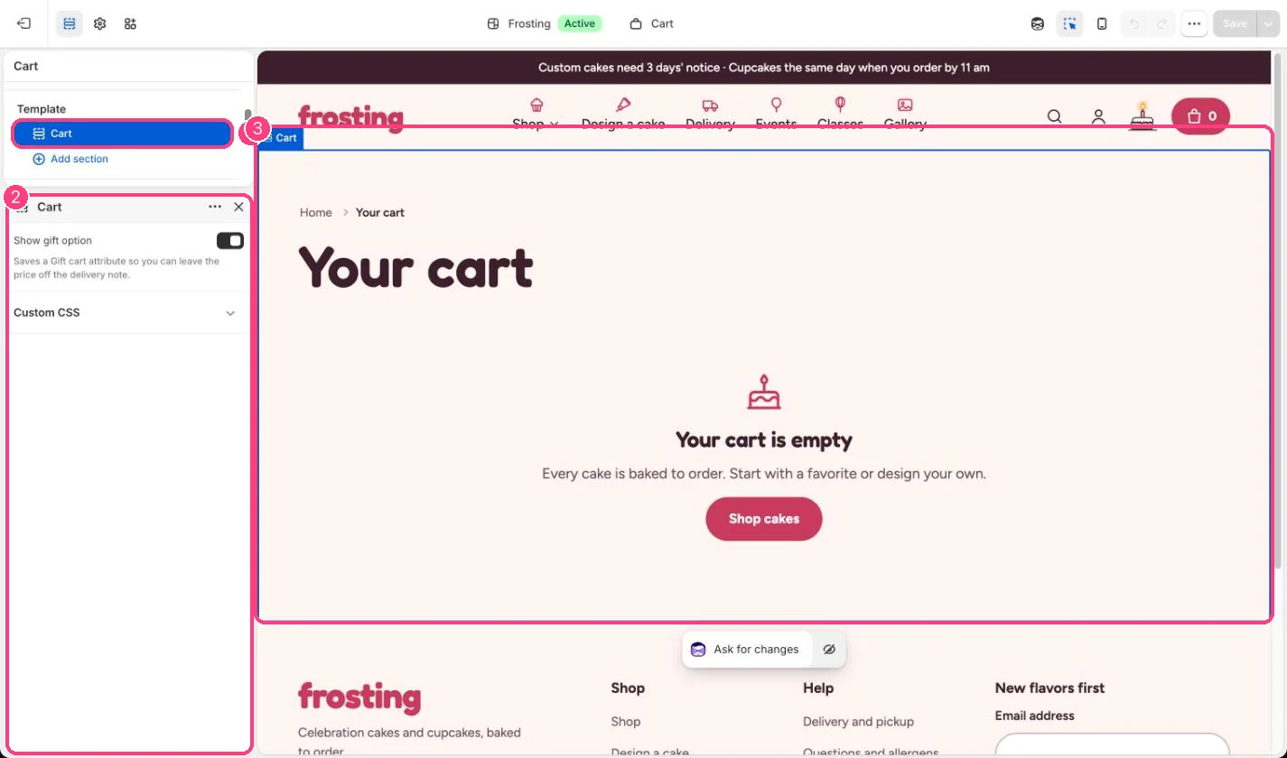 Cart in the theme editor