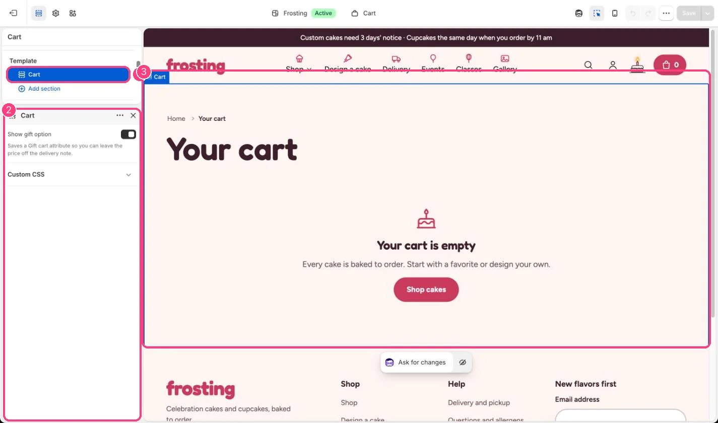 Cart in the theme editor