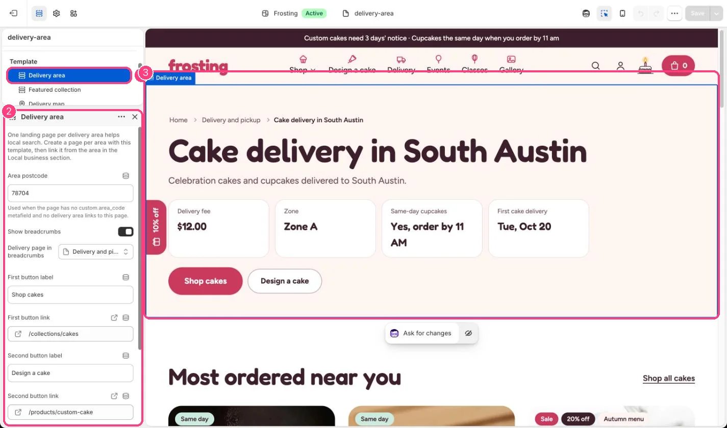 Delivery area in the theme editor