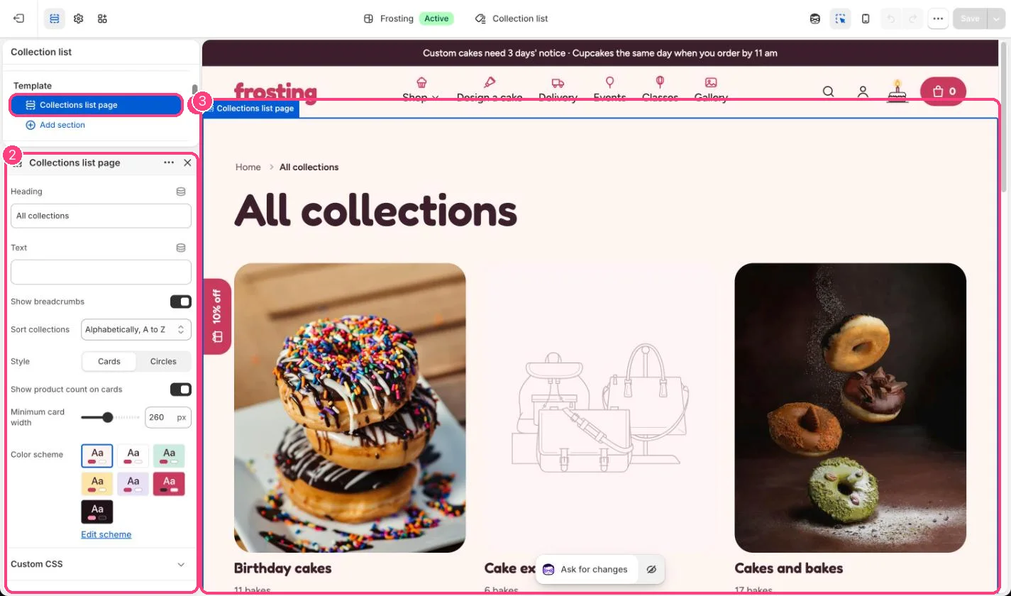 Collections list page in the theme editor