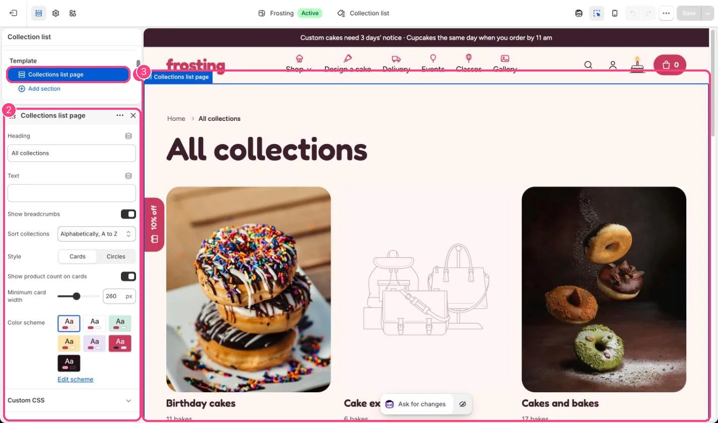 Collections list page in the theme editor