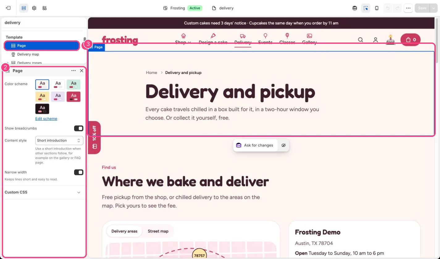 Page in the theme editor