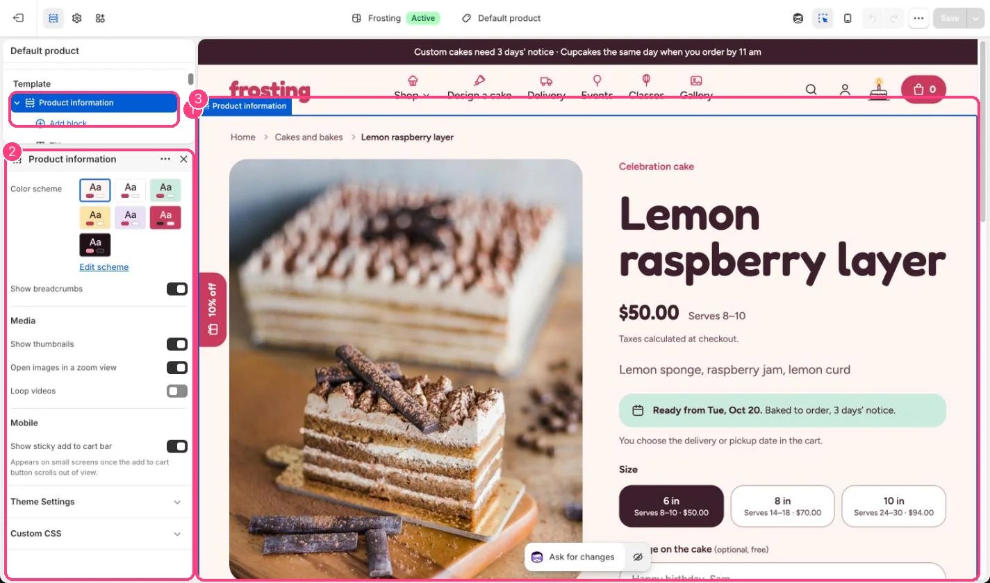 Product information in the theme editor