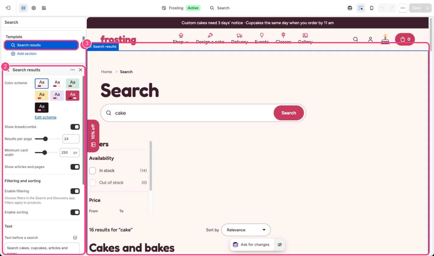 Search results in the theme editor