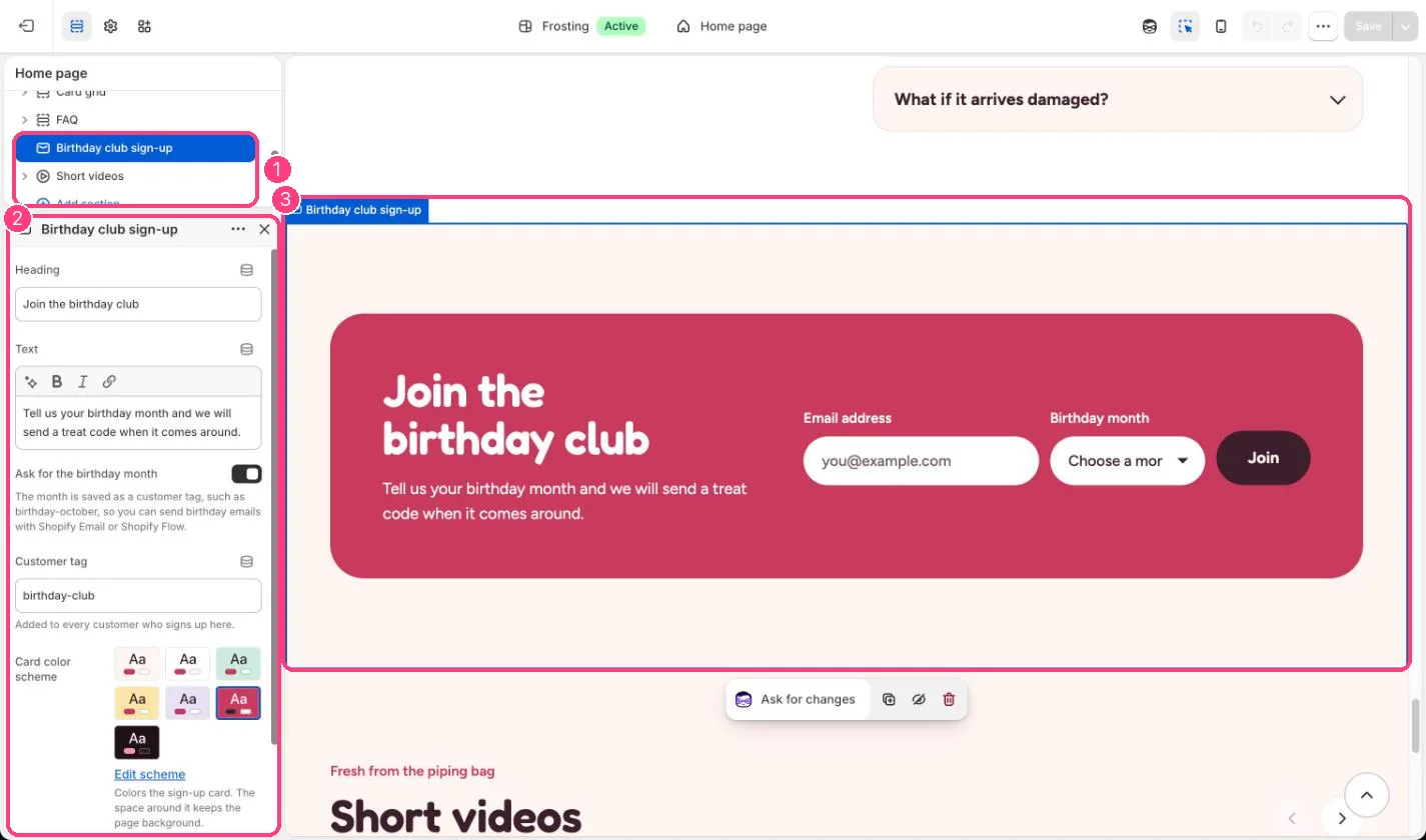 Birthday club sign-up in the theme editor