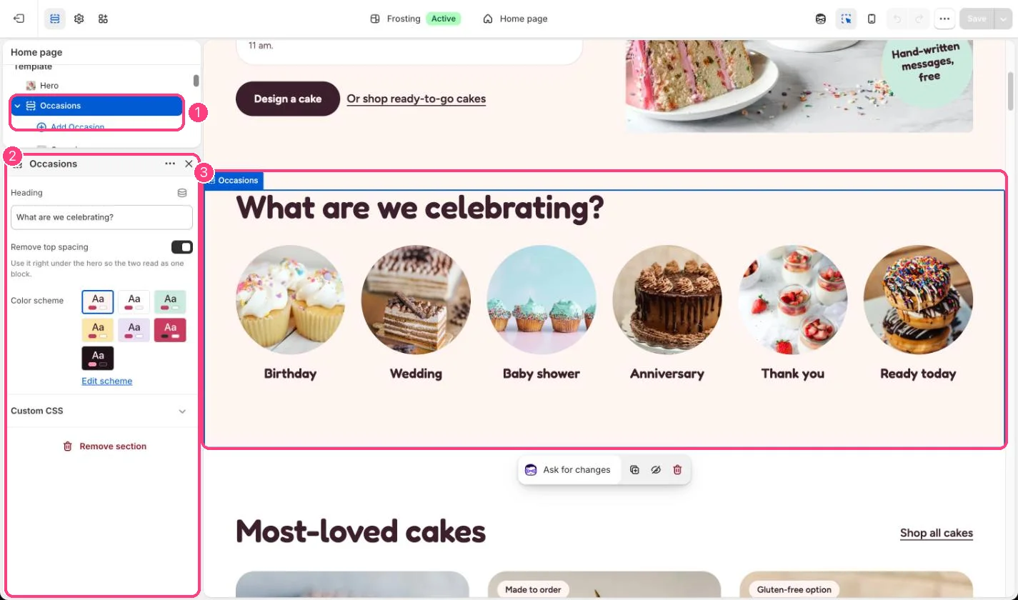 Occasions in the theme editor