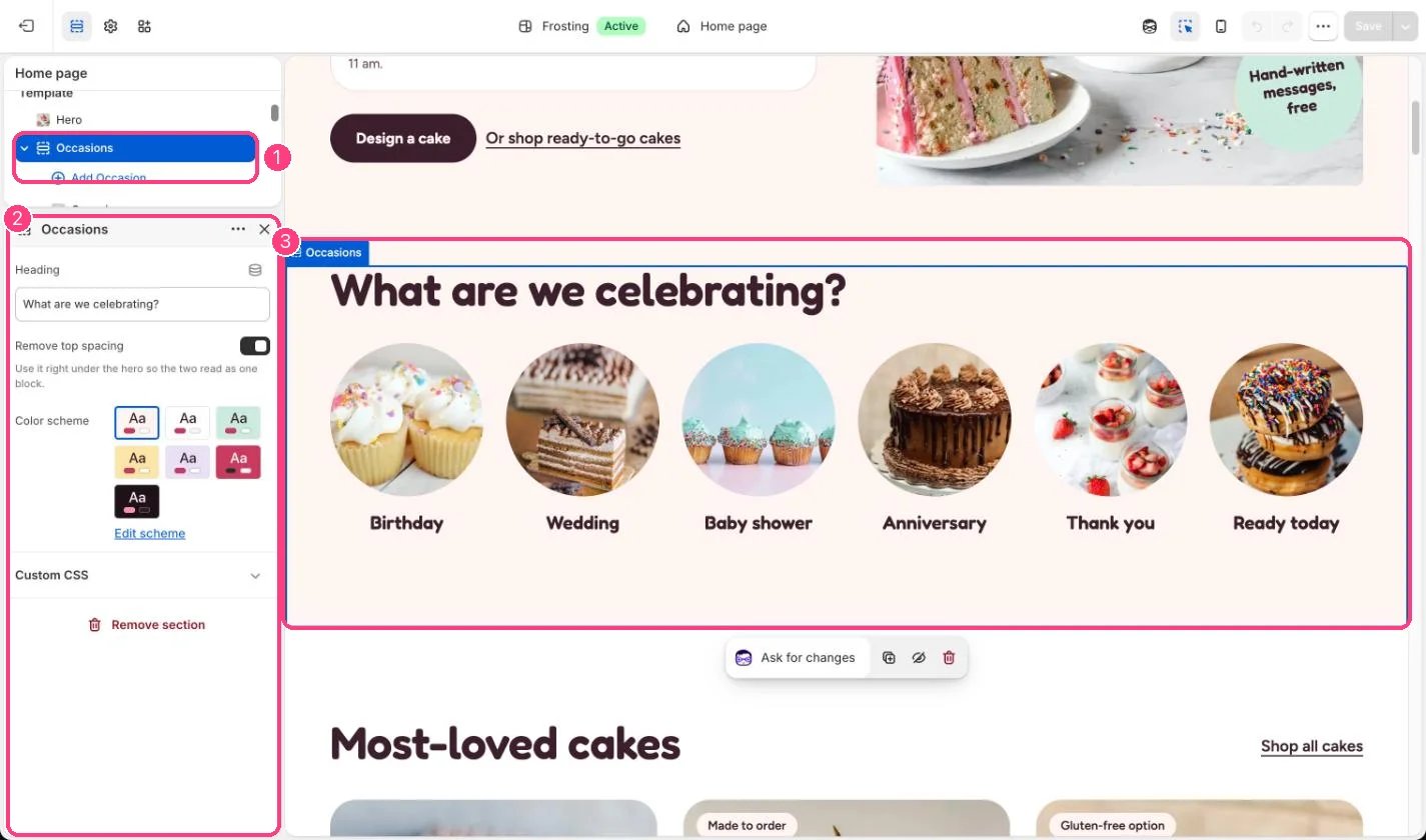 Occasions in the theme editor
