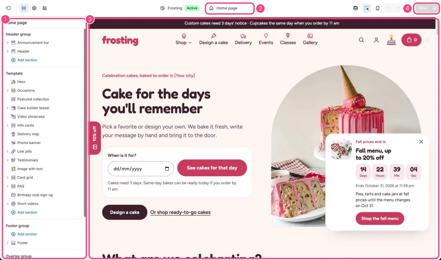 The theme editor with its three areas