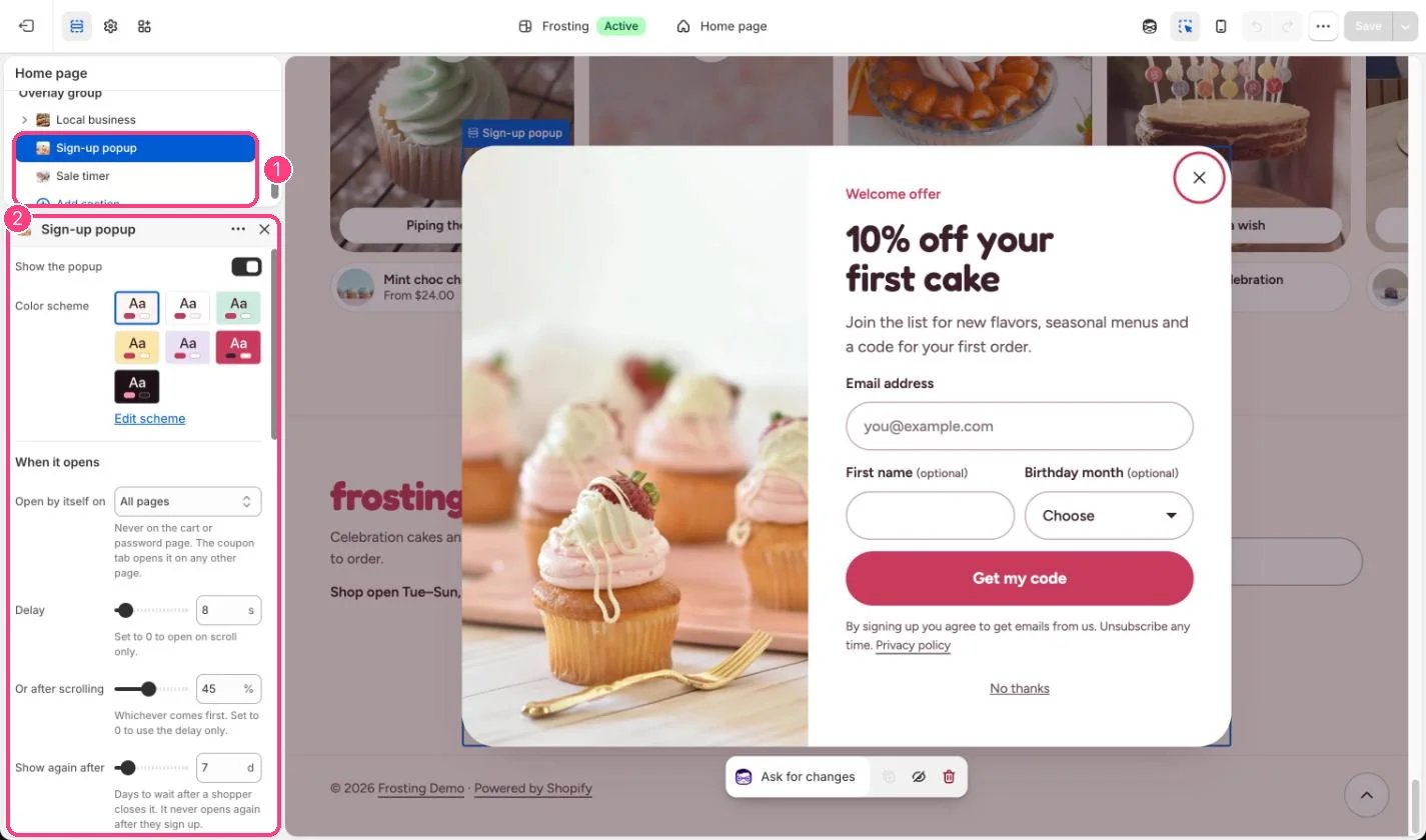 Sign-up popup in the theme editor